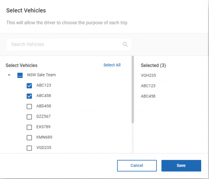 Select Vehicles screen
